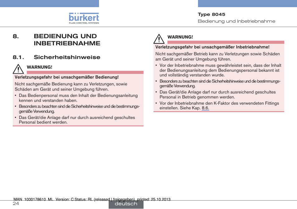 Bedienung und inbetriebnahme | Burkert Type 8045 User Manual | Page 56 / 98