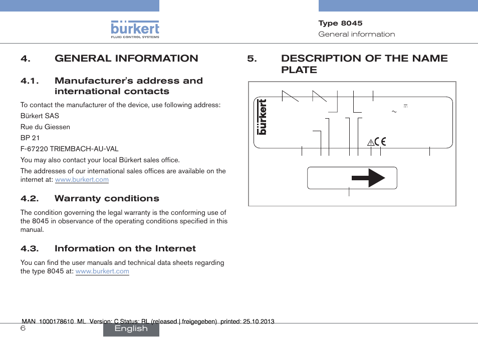 General information, Description of the name plate, Flow | Burkert Type 8045 User Manual | Page 6 / 98