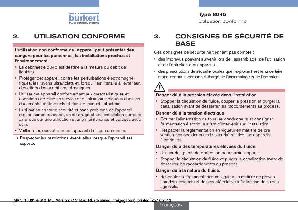 Utilisation conforme, Consignes de sécurité de base | Burkert Type 8045 User Manual | Page 68 / 98