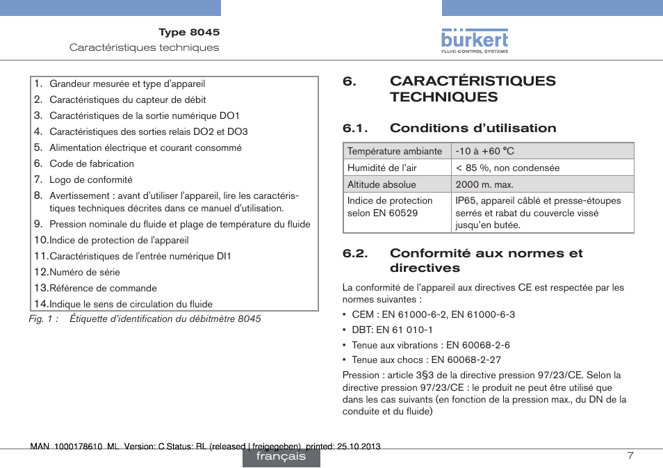 Caractéristiques techniques | Burkert Type 8045 User Manual | Page 71 / 98