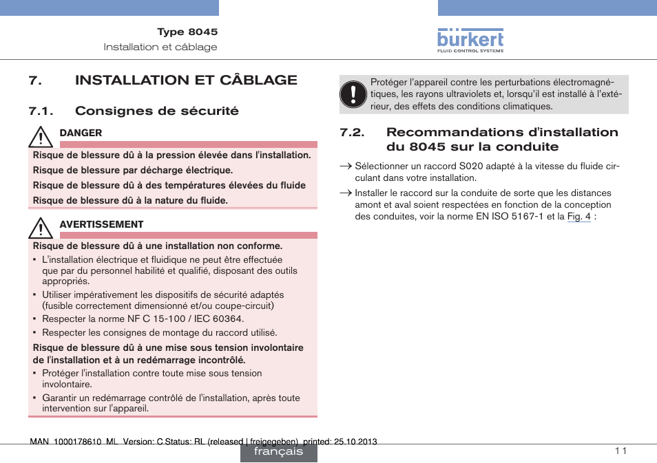 Installation et câblage | Burkert Type 8045 User Manual | Page 75 / 98