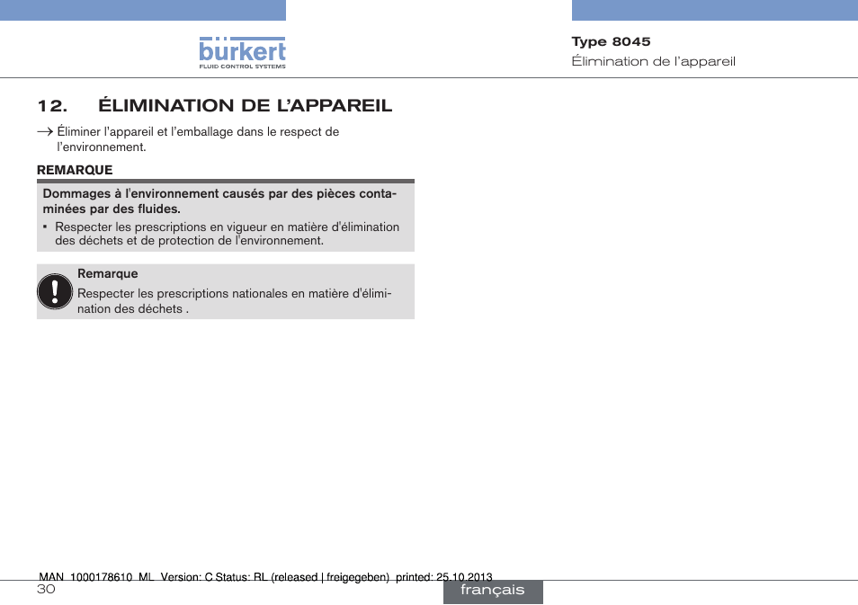 Élimination de l’appareil | Burkert Type 8045 User Manual | Page 94 / 98