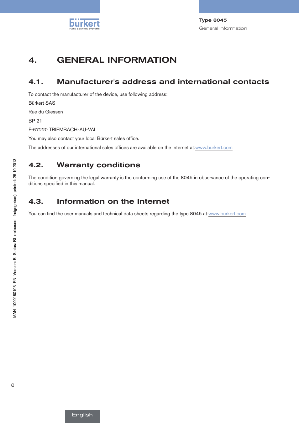 General information, Manufacturer's address and international contacts, Warranty conditions | Information on the internet | Burkert Type 8045 User Manual | Page 12 / 74