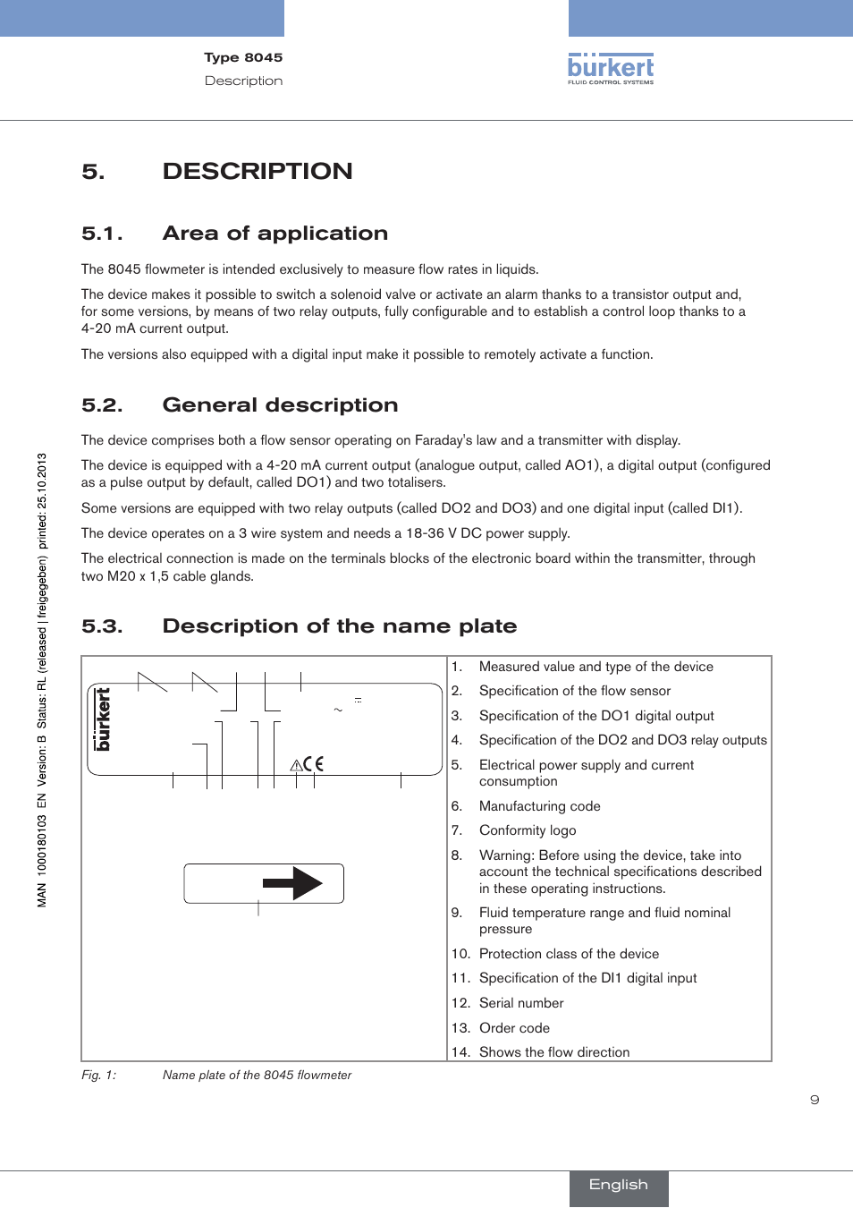 Description, Area of application, General description | Description of the name plate, Flow | Burkert Type 8045 User Manual | Page 13 / 74