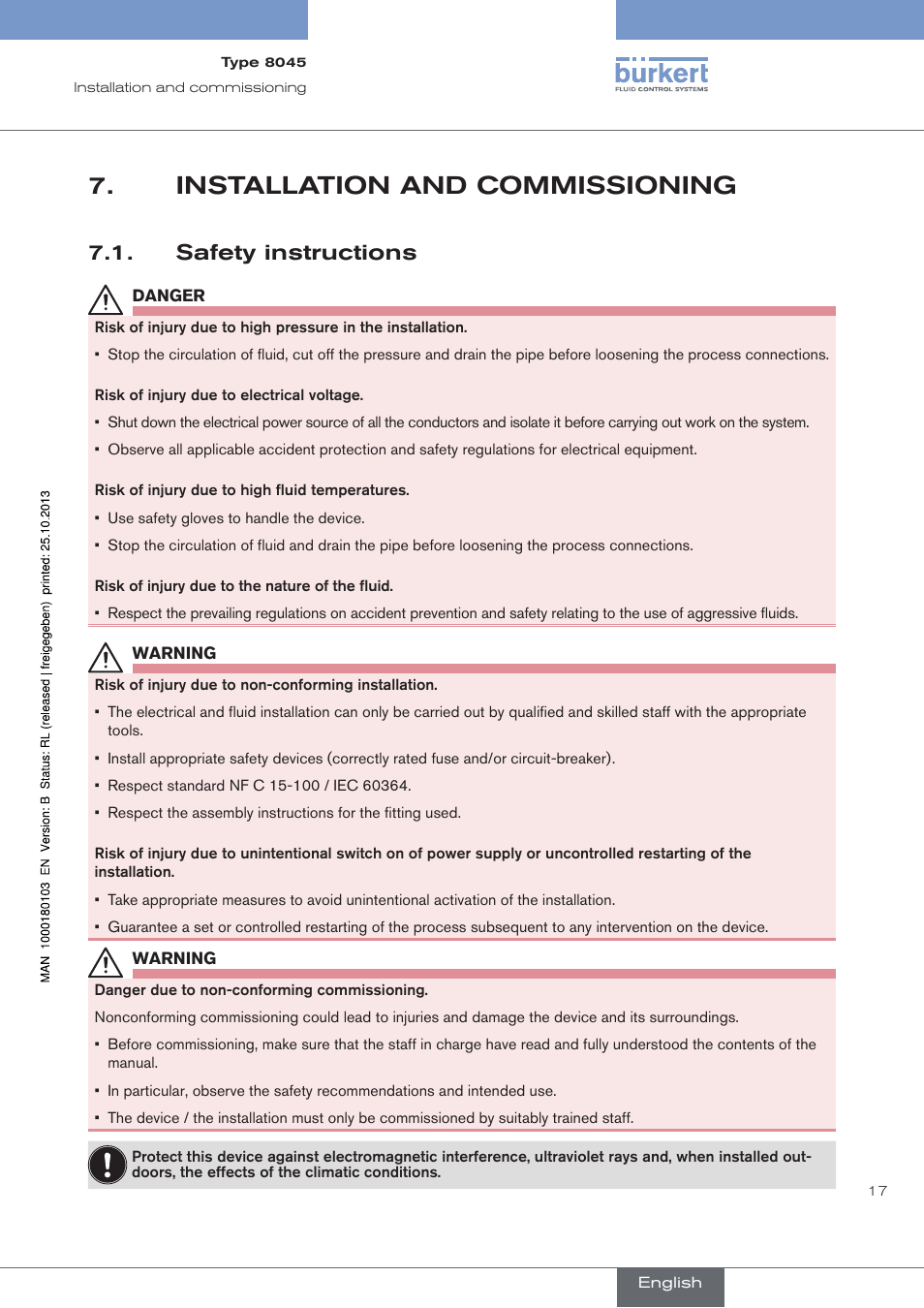 Installation and commissioning, Safety instructions | Burkert Type 8045 User Manual | Page 21 / 74