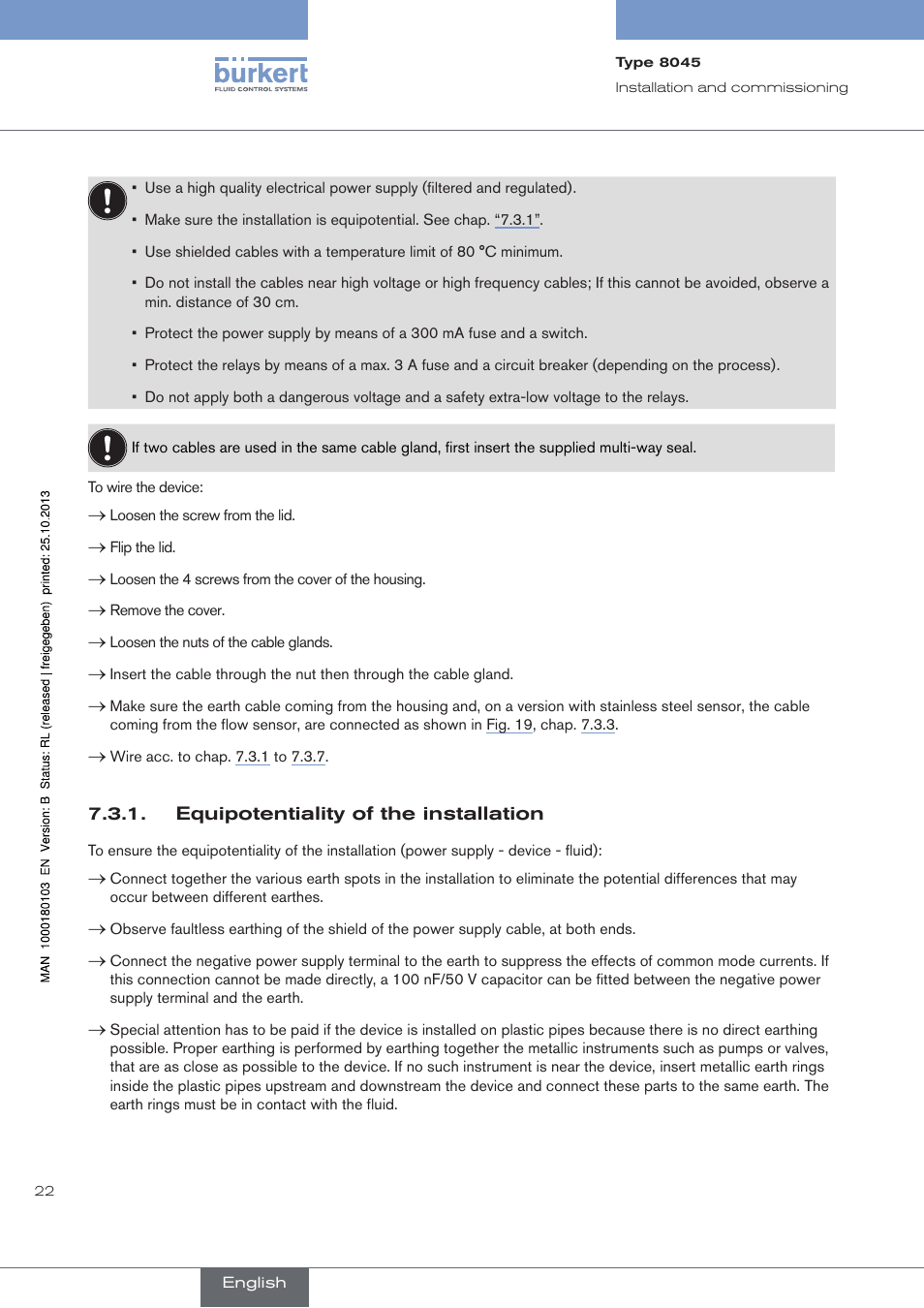 Equipotentiality of the installation | Burkert Type 8045 User Manual | Page 26 / 74