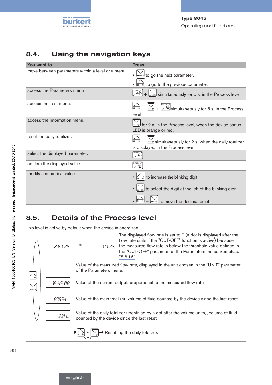 Using the navigation keys, Details of the process level, 0 l/s | Burkert Type 8045 User Manual | Page 34 / 74