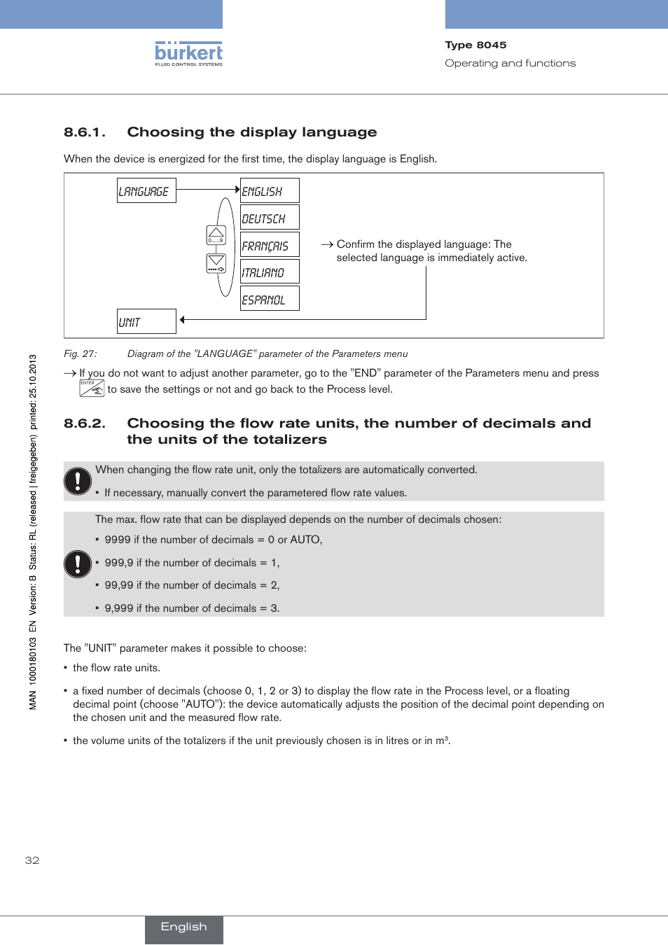 Choosing the display language | Burkert Type 8045 User Manual | Page 36 / 74