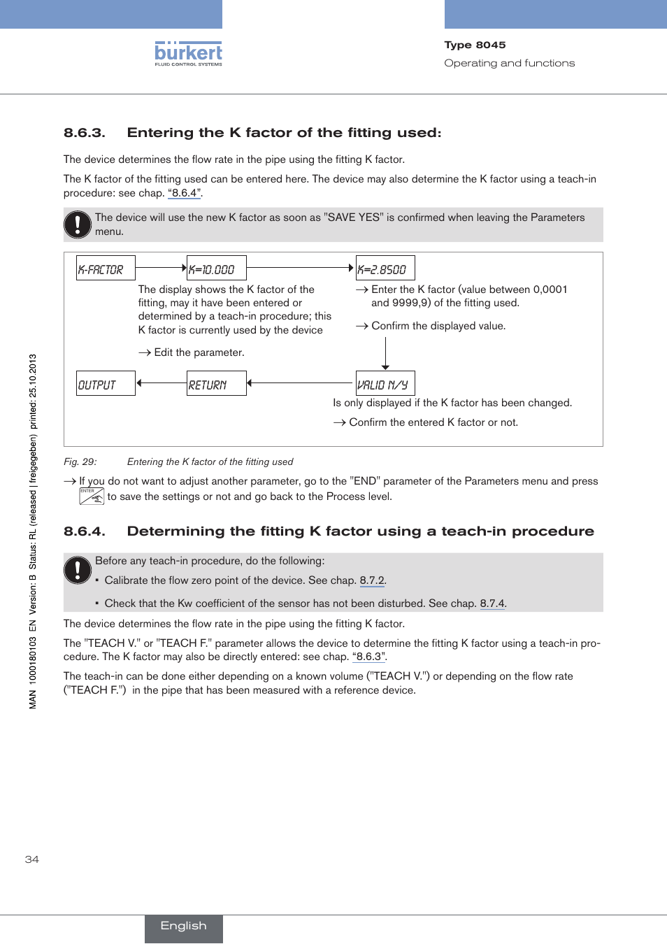 Entering the k factor of the fitting used | Burkert Type 8045 User Manual | Page 38 / 74