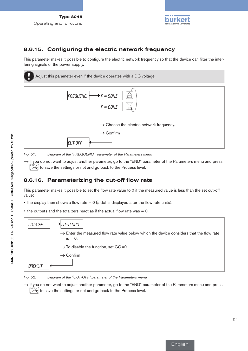 Configuring the electric network frequency, Parameterizing the cut-off flow rate | Burkert Type 8045 User Manual | Page 55 / 74