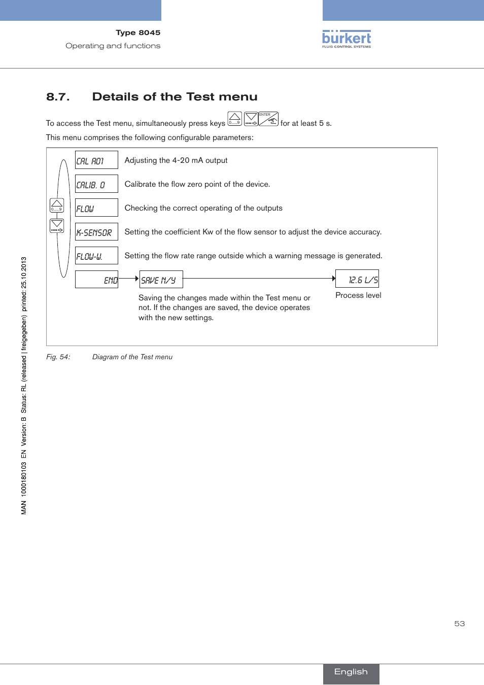 Details of the test menu | Burkert Type 8045 User Manual | Page 57 / 74