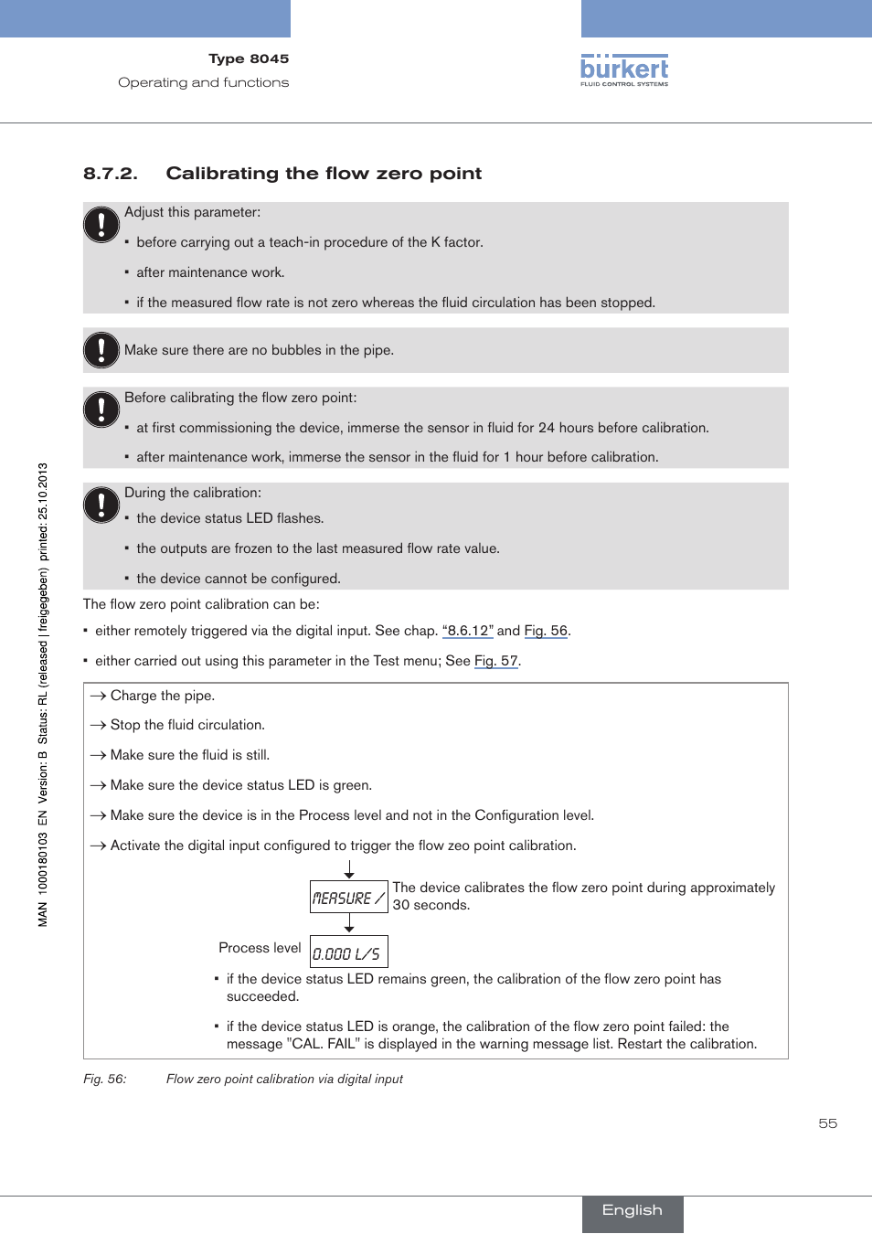 Calibrating the flow zero point | Burkert Type 8045 User Manual | Page 59 / 74
