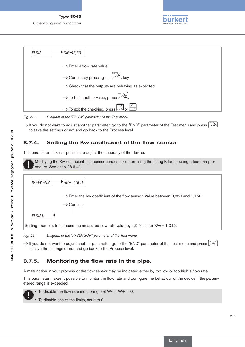 Setting the kw coefficient of the flow sensor, Monitoring the flow rate in the pipe | Burkert Type 8045 User Manual | Page 61 / 74