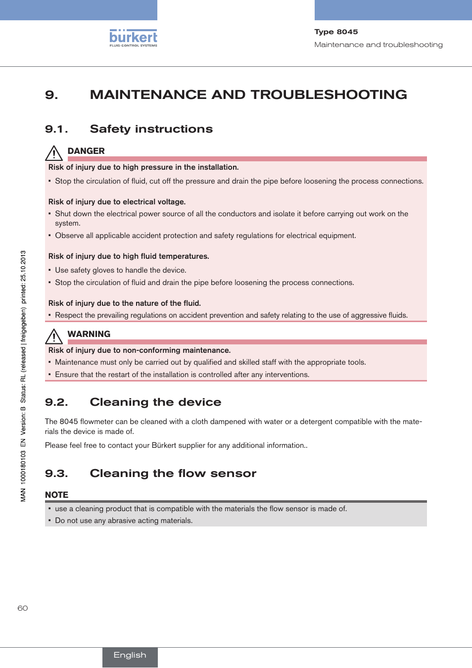 Maintenance and troubleshooting, Safety instructions, Cleaning the device | Cleaning the flow sensor | Burkert Type 8045 User Manual | Page 64 / 74