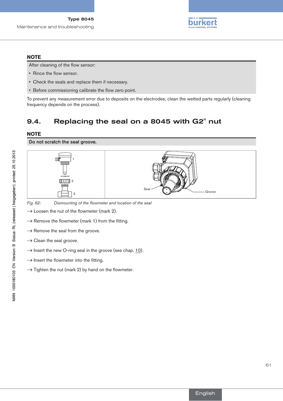 Replacing the seal on a 8045 with g2" nut | Burkert Type 8045 User Manual | Page 65 / 74