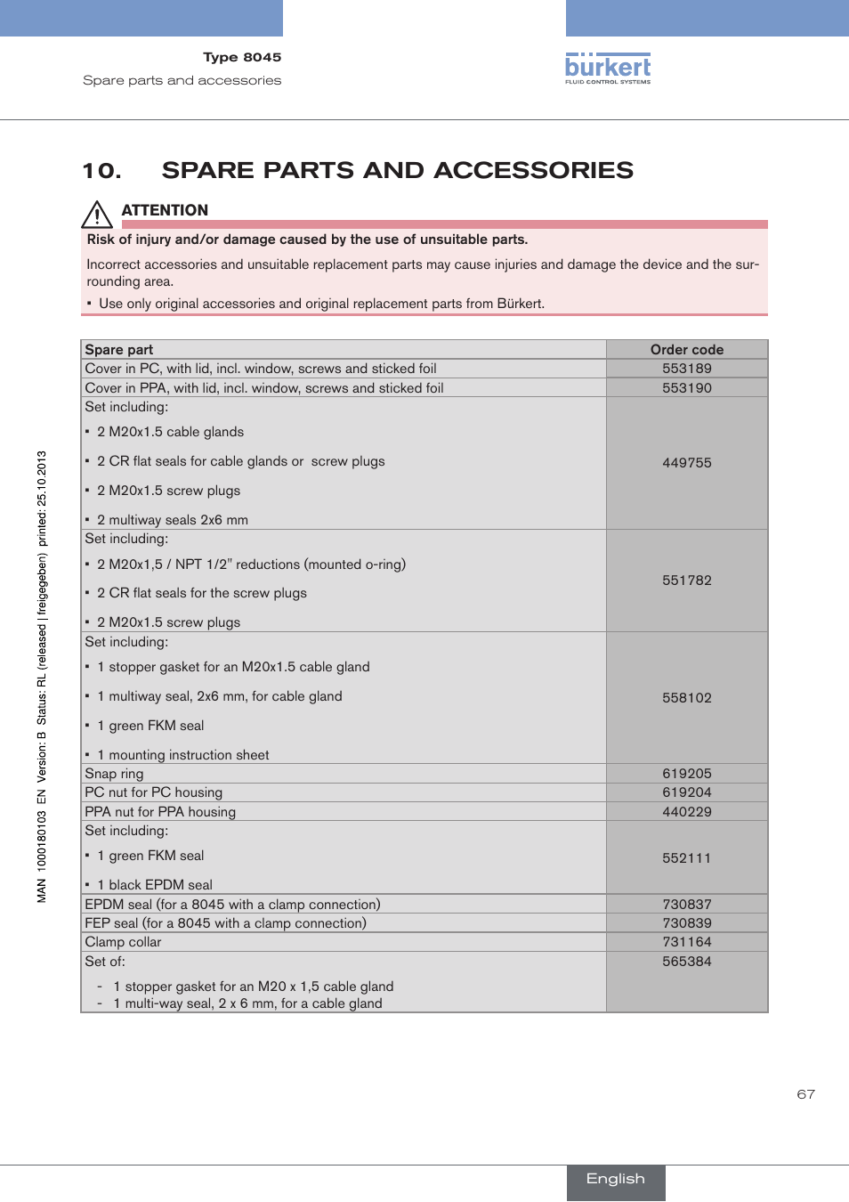 Spare parts and accessories | Burkert Type 8045 User Manual | Page 71 / 74