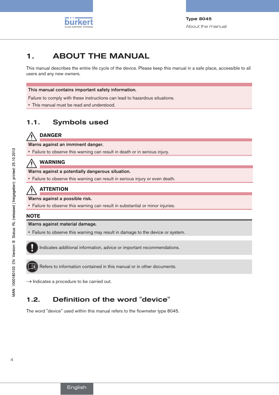 About the manual, Symbols used, Definition of the word "device | Burkert Type 8045 User Manual | Page 8 / 74