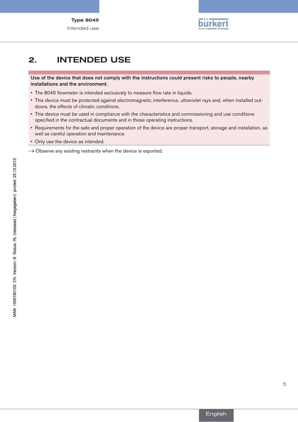 Intended use | Burkert Type 8045 User Manual | Page 9 / 74