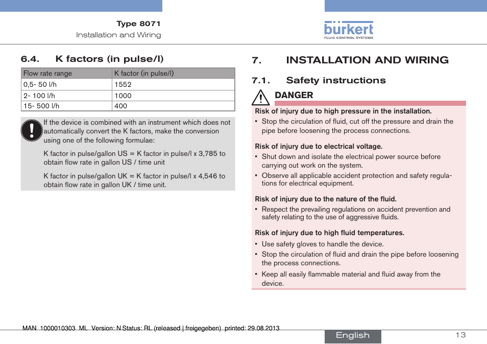 K factors (in pulse/l), Installation and wiring, Safety instructions | Burkert Type 8071 User Manual | Page 13 / 70