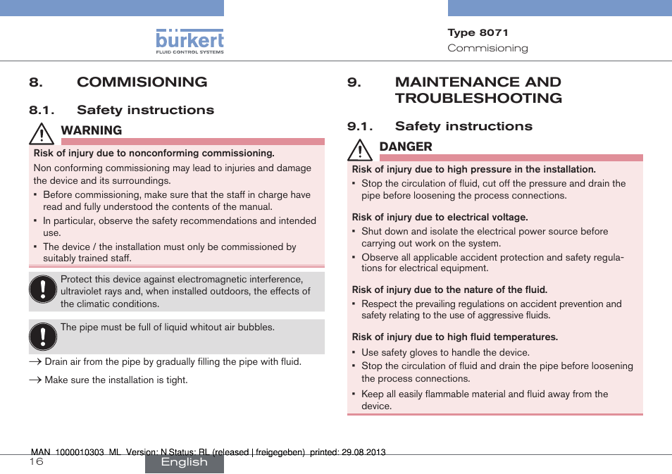 Commisioning, Safety instructions, Maintenance and troubleshooting | Burkert Type 8071 User Manual | Page 16 / 70