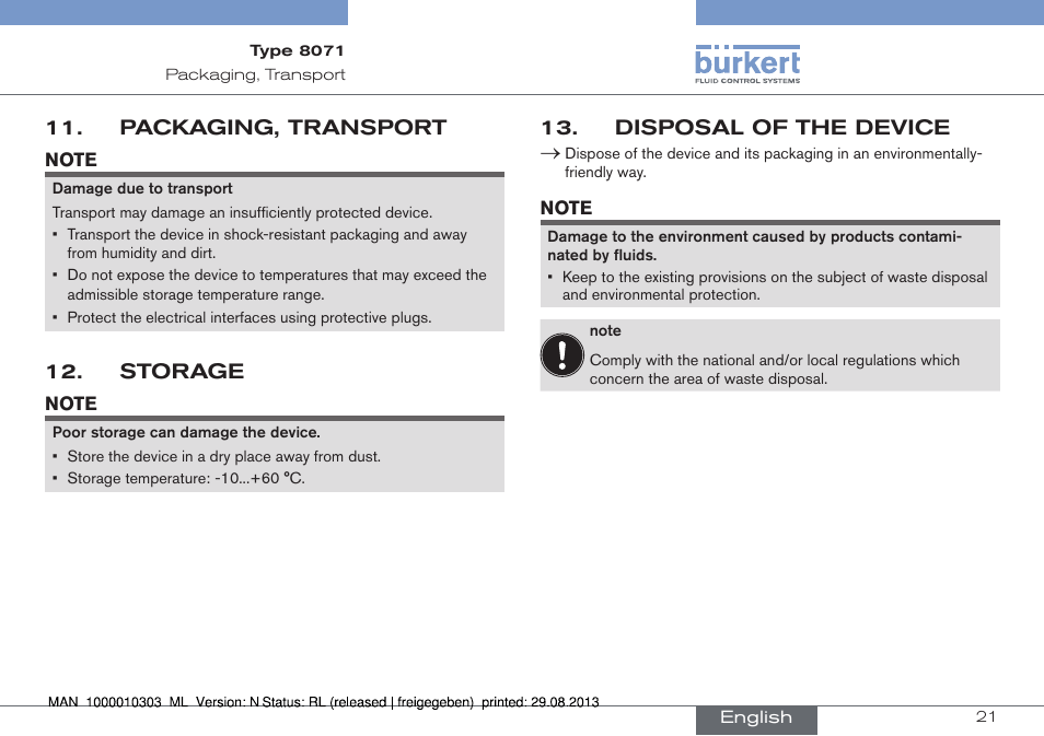 Packaging, transport, Storage, Disposal of the device | Burkert Type 8071 User Manual | Page 21 / 70