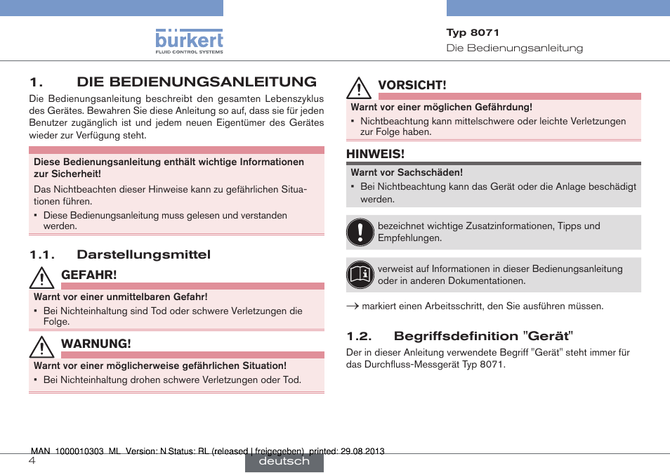 Die bedienungsanleitung, Darstellungsmittel, Begriffsdefinition "gerät | Burkert Type 8071 User Manual | Page 26 / 70