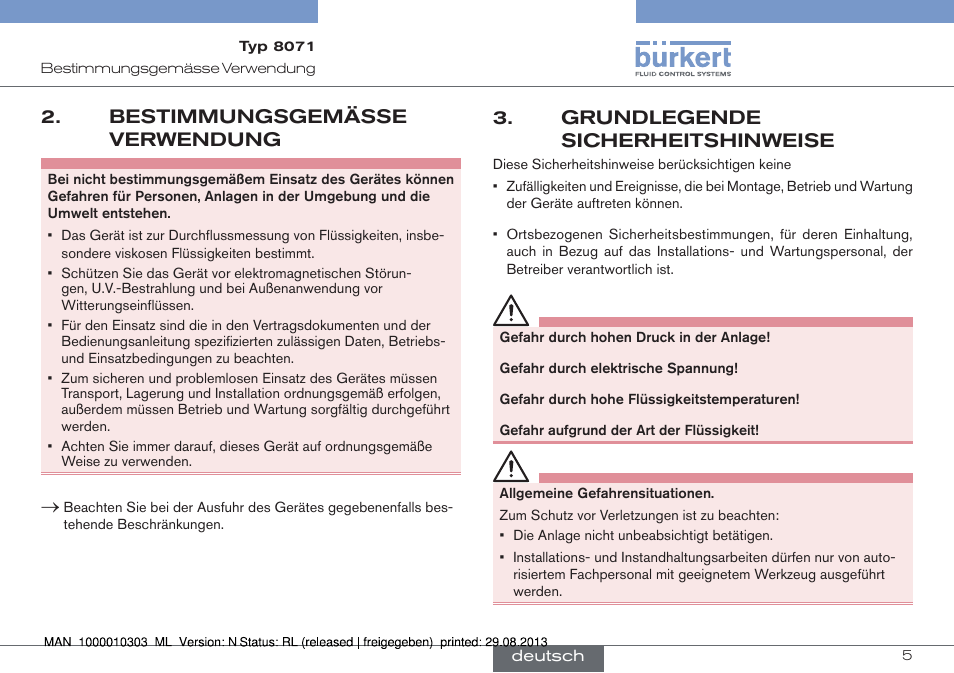 Bestimmungsgemässe verwendung, Grundlegende sicherheitshinweise | Burkert Type 8071 User Manual | Page 27 / 70