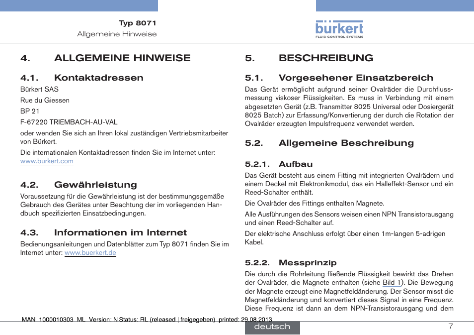 Allgemeine hinweise, Kontaktadressen, Gewährleistung | Informationen im internet, Beschreibung, Vorgesehener einsatzbereich, Allgemeine beschreibung | Burkert Type 8071 User Manual | Page 29 / 70