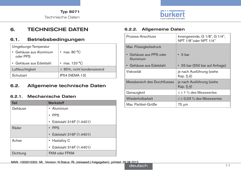 Technische daten, Betriebsbedingungen, Allgemeine technische daten | Burkert Type 8071 User Manual | Page 33 / 70