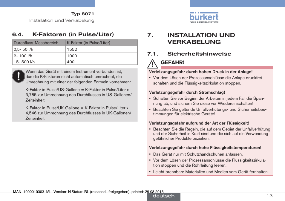 K-faktoren (in pulse/liter), Installation und verkabelung, Sicherheitshinweise | Burkert Type 8071 User Manual | Page 35 / 70