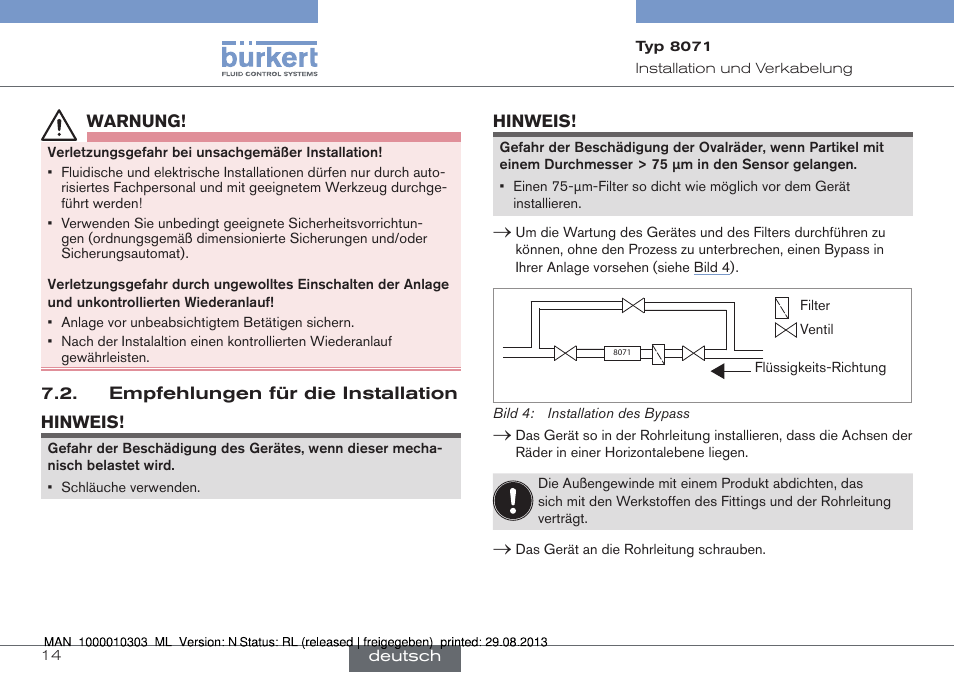 Empfehlungen für die installation | Burkert Type 8071 User Manual | Page 36 / 70