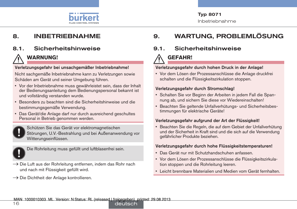 Inbetriebnahme, Sicherheitshinweise, Wartung, problemlösung | Burkert Type 8071 User Manual | Page 38 / 70