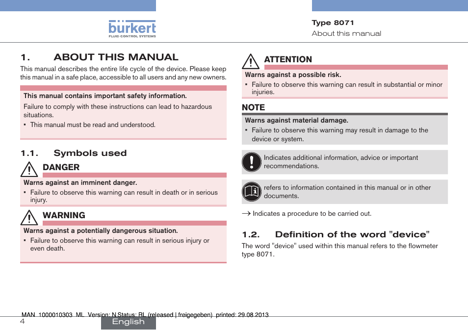 About this manual, Symbols used, Definition of the word "device | Burkert Type 8071 User Manual | Page 4 / 70