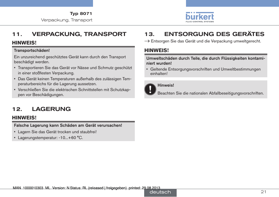 Verpackung, transport, Lagerung, Entsorgung des gerätes | Burkert Type 8071 User Manual | Page 43 / 70