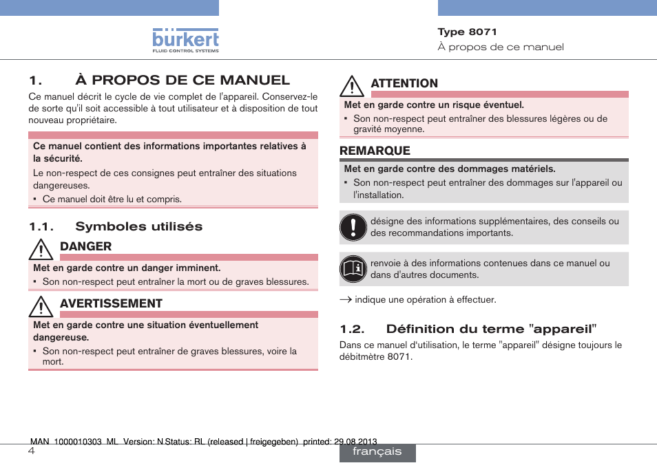 À propos de ce manuel, Symboles utilisés, Définition du terme "appareil | Burkert Type 8071 User Manual | Page 48 / 70