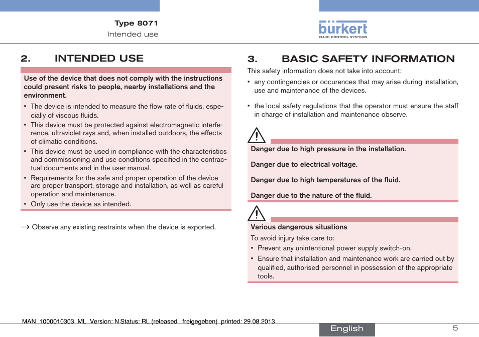 Intended use, Basic safety information | Burkert Type 8071 User Manual | Page 5 / 70