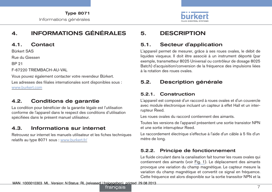 Informations générales, Adresse et contacts internationaux, Conditions de garantie | Informations sur internet, Description, Secteur d'application, Description générale | Burkert Type 8071 User Manual | Page 51 / 70