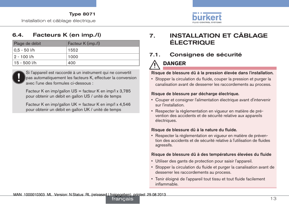 Facteurs k (en imp./l), Installation et câblage électrique, Consignes de sécurité | Burkert Type 8071 User Manual | Page 57 / 70