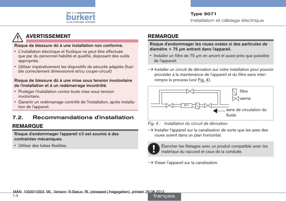 Recommandations d'installation | Burkert Type 8071 User Manual | Page 58 / 70