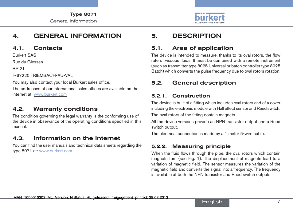 General information, Contacts, Warranty conditions | Information on the internet, Description, Area of application, General description | Burkert Type 8071 User Manual | Page 7 / 70