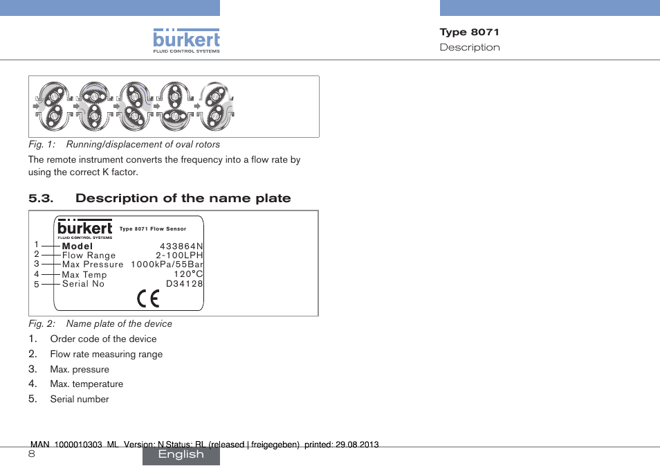 Description of the name plate | Burkert Type 8071 User Manual | Page 8 / 70