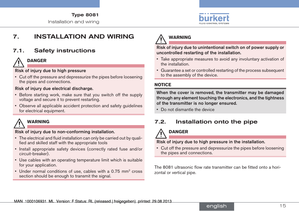 Installation and wiring, Safety instructions, Installation onto the pipe | Burkert Type 8081 User Manual | Page 15 / 68
