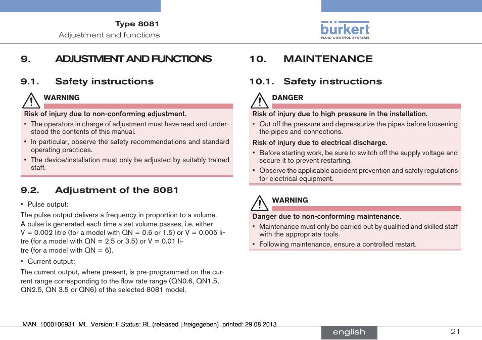Adjustment and functions, Safety instructions, Adjustment of the 8081 | Maintenance | Burkert Type 8081 User Manual | Page 21 / 68