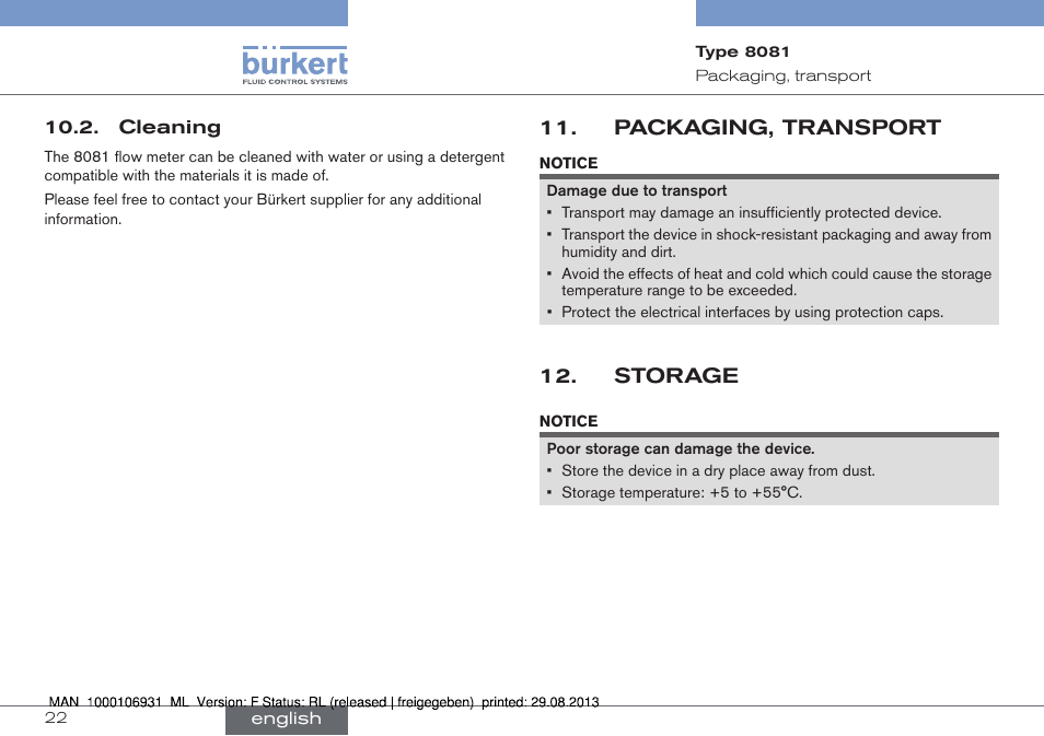 Cleaning, Packaging, transport, Storage | Burkert Type 8081 User Manual | Page 22 / 68