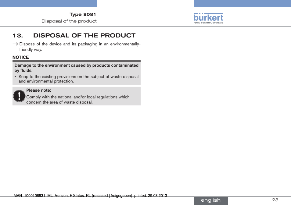 Disposal of the product | Burkert Type 8081 User Manual | Page 23 / 68