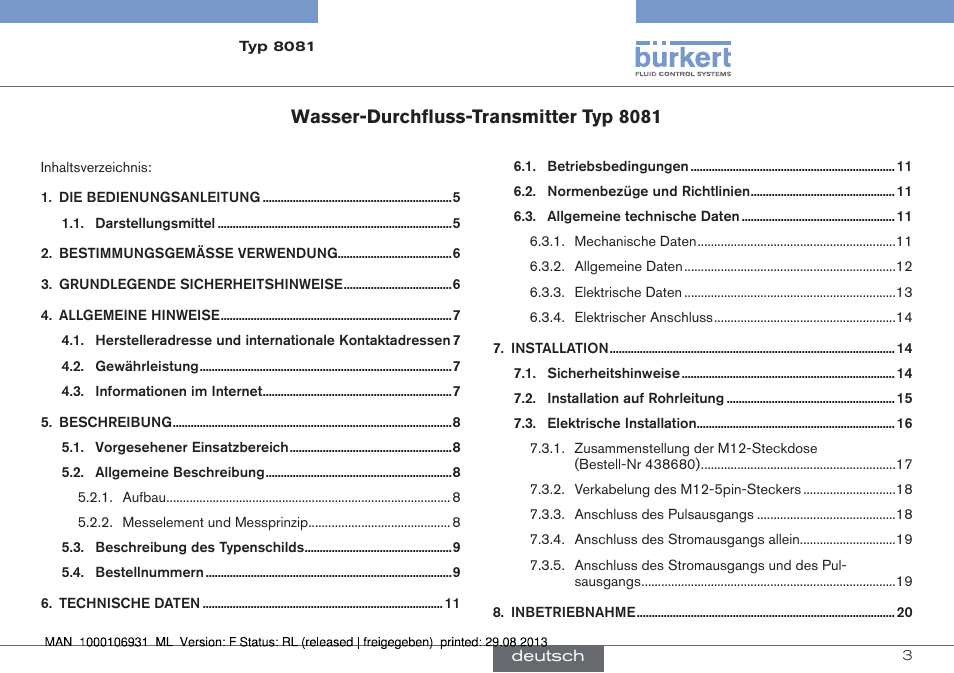 Bedienungsanleitung, Wasser-durchfluss-transmitter typ 8081 | Burkert Type 8081 User Manual | Page 25 / 68