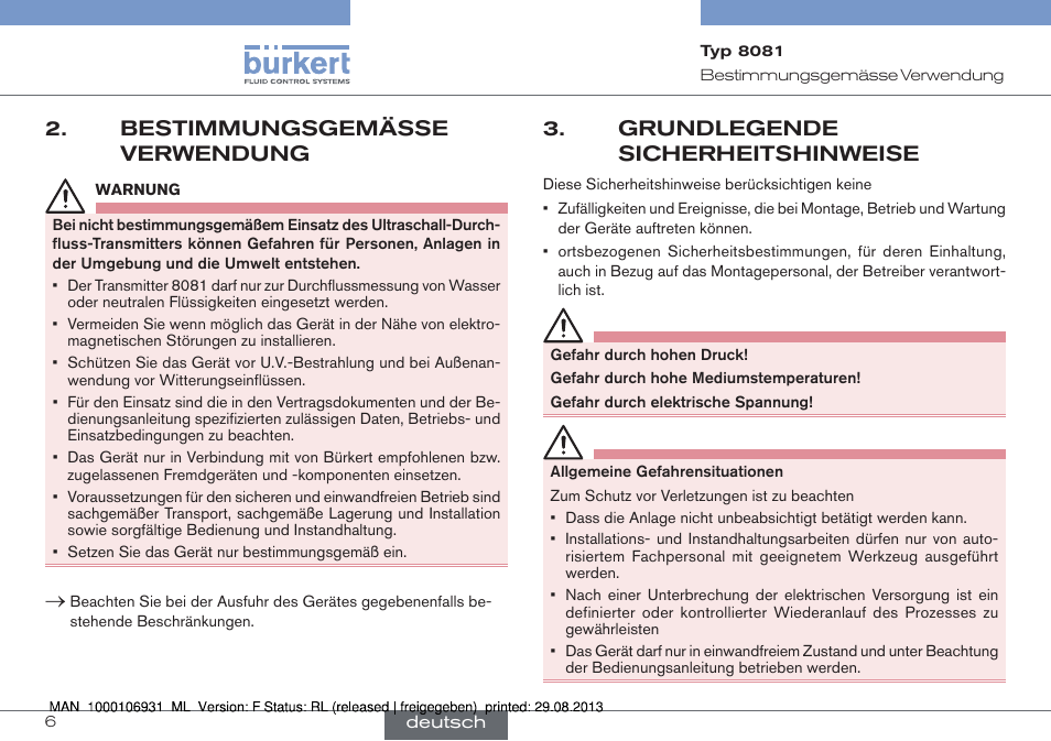Bestimmungsgemässe verwendung, Grundlegende sicherheitshinweise | Burkert Type 8081 User Manual | Page 28 / 68