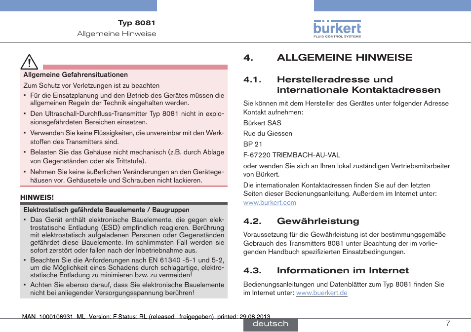 Allgemeine hinweise, Gewährleistung, Informationen im internet | Burkert Type 8081 User Manual | Page 29 / 68