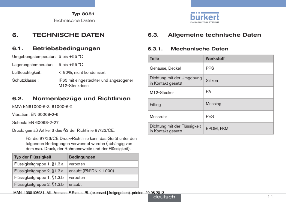 Technische daten, Betriebsbedingungen, Normenbezüge und richtlinien | Allgemeine technische daten, Mechanische daten | Burkert Type 8081 User Manual | Page 33 / 68