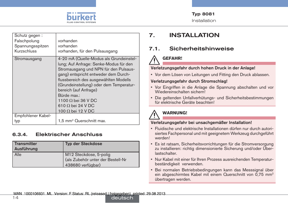 Elektrischer anschluss, Installation, Sicherheitshinweise | Burkert Type 8081 User Manual | Page 36 / 68